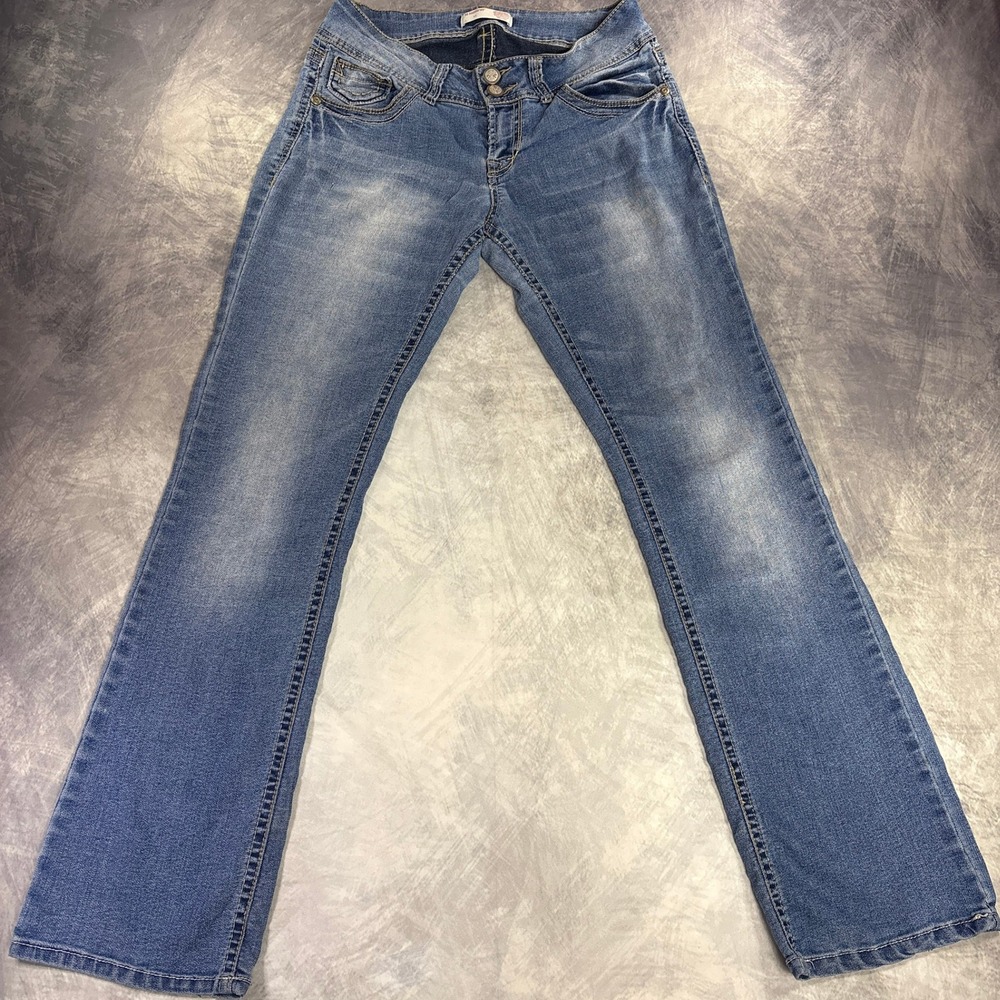 No Boundaries Jeans Juniors 11 Blue Bootcut Embellished Flap Pockets Mid Rise